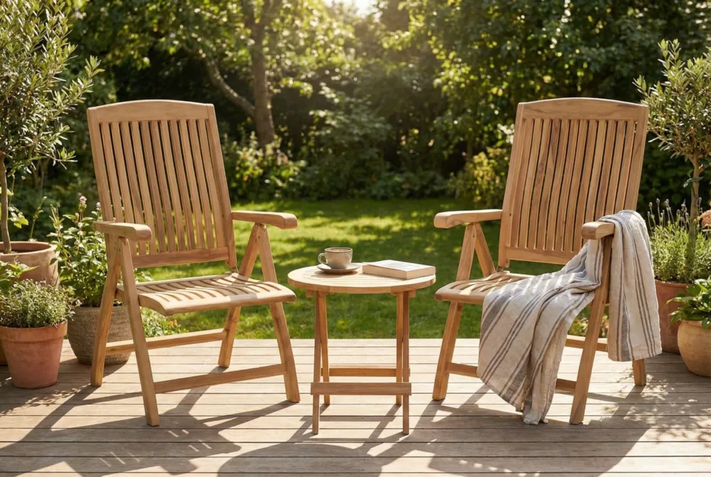 Twee Linda Teakhouten Tuinstoelen | Vijf Standen Verstelbaar | 1 Rondo bijzettafel Nu Kopen