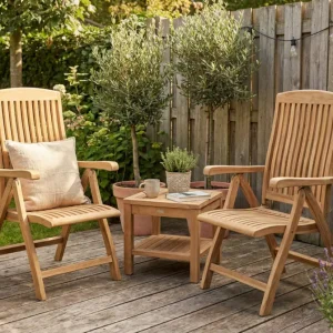 Teak Tuinset | 2 Linda Tuinstoelen | 1 Bijzettafel met onderblad Gratis Retour