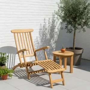Teak Deckchair Set – Verstelbare Loungestoel (zonder wielen) – Inclusief Rond Bijzettafeltje – FSC Teak Veilige Betaling
