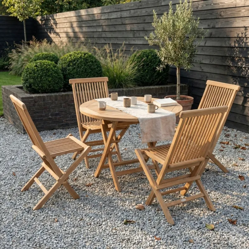 Vier Inklapbare Teak Tuinstoelen + 70 cm Ronde Inklapbare Teak Tuintafel Lage Prijs