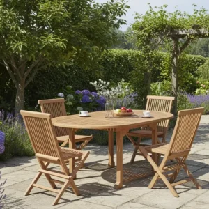 Teakhouten Tuinset Tenerif – Ovale Uitschuifbare Tuintafel 120-180 cm + 4 Klapstoelen – Massief FSC® Teak Populair