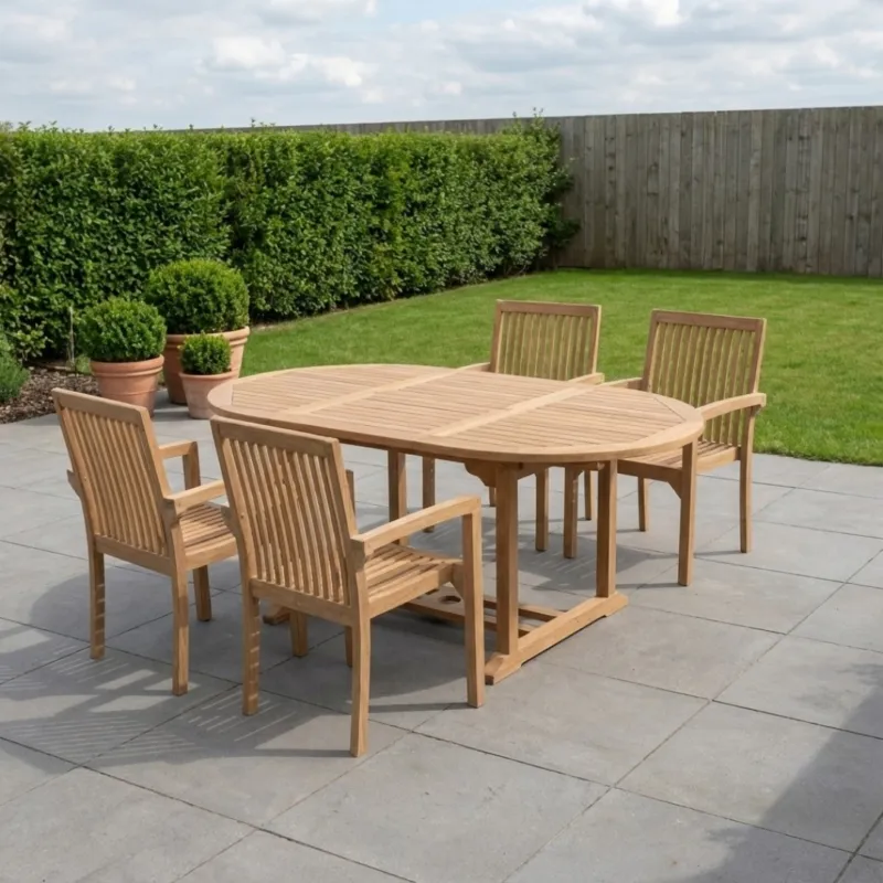 Betrouwbaar FSC Teak Tuinset Pile - Ovale Uitschuiftafel (120-180cm) & 4 Stapelbare Stoelen
