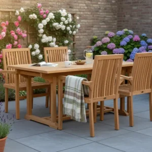 FSC Teak Tuinset Ibiza - Rechthoekige Uitschuiftafel (150-200cm) & 4 Stapelbare Stoelen Bestel Nu