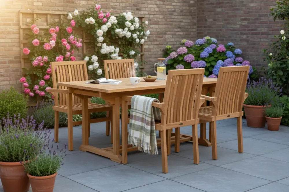 FSC Teak Tuinset Ibiza - Rechthoekige Uitschuiftafel (150-200cm) & 4 Stapelbare Stoelen Bestel Nu