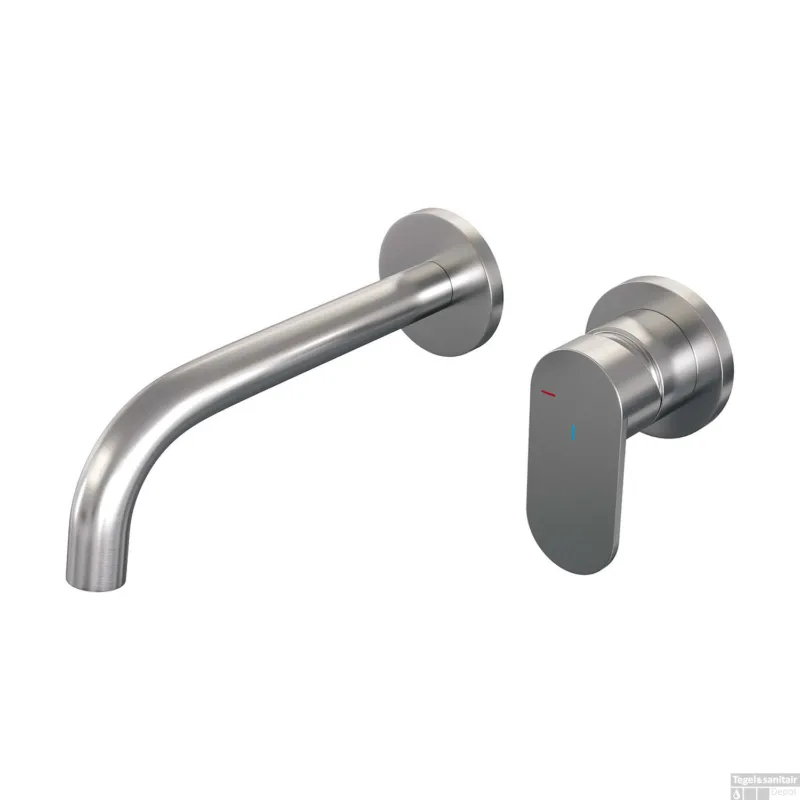 Beperkt Aanbod Inbouw Wastafelmengkraan Brauer Brushed Edition Coldstart Gebogen Uitloop Platte Hendel Rechts Geborsteld RVS PVD Met Rozetten