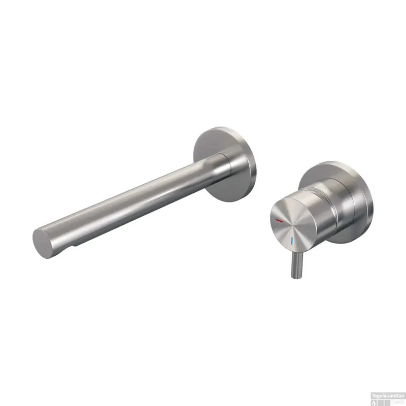 Inbouw Wastafelmengkraan Brauer Brushed Edition Coldstart Rechte Uitloop Korte Ronde Hendel Rechts Geborsteld RVS PVD Met Rozetten Exclusieve Aanbieding