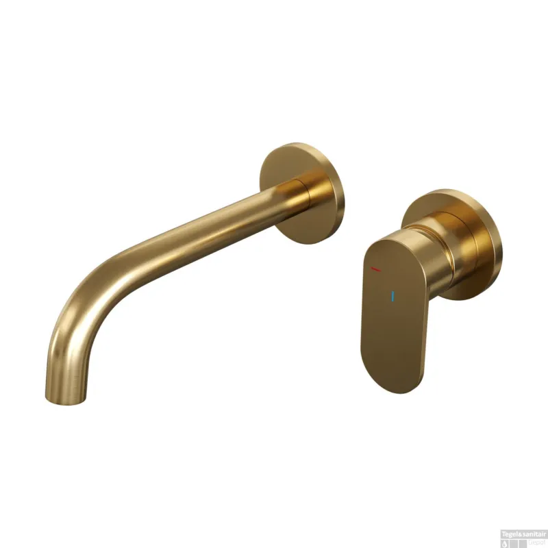 Inbouw Wastafelmengkraan Brauer Gold Edition Coldstart Gebogen Uitloop Platte Hendel Rechts Geborsteld Goud PVD Met Rozetten Fabrieksprijs