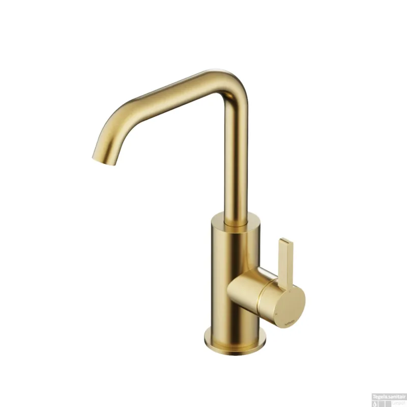 Wastafelmengkraan Hotbath Ace Met Draaibare Uitloop Gebogen 24 cm Geborsteld Messing PVD Premium