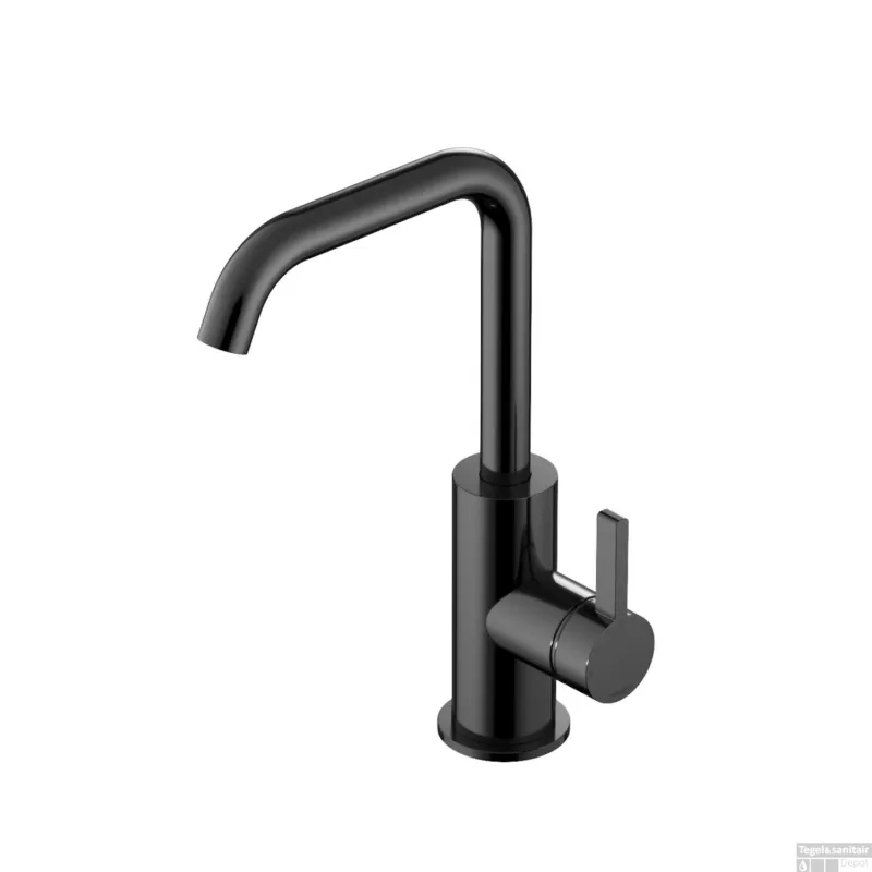 Wastafelmengkraan Hotbath Ace Met Draaibare Uitloop Gebogen 24 cm Gepolijst Zwart PVD Speciale Aanbieding