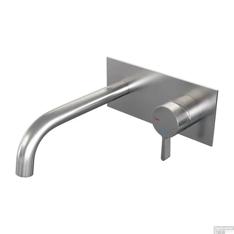 Alleen Vandaag Inbouw Wastafelmengkraan Brauer Brushed Edition Coldstart Gebogen Uitloop Halfronde Hendel Rechts Geborsteld RVS PVD Met Afdekplaat