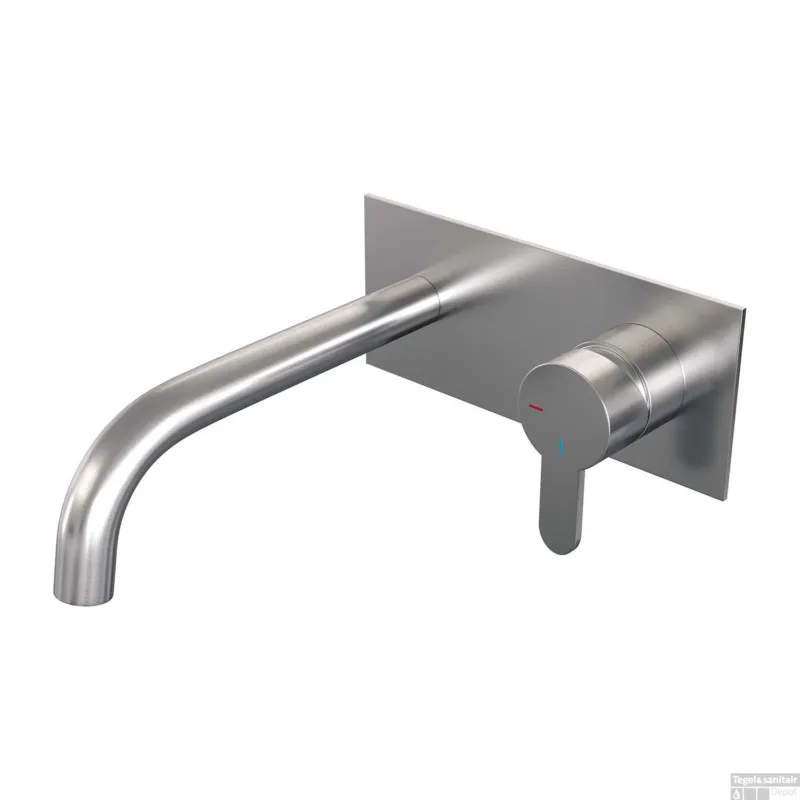 Hoge Kwaliteit Inbouw Wastafelmengkraan Brauer Brushed Edition Coldstart Gebogen Uitloop Korte Platte Hendel Rechts Geborsteld RVS PVD Met Afdekplaat