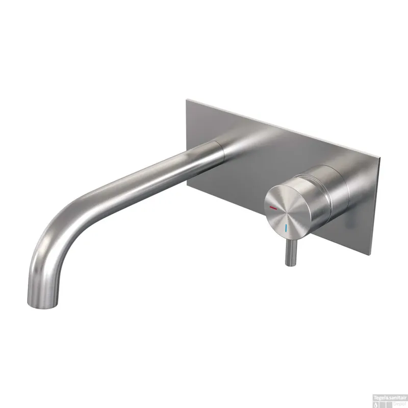 Direct Beschikbaar Inbouw Wastafelmengkraan Brauer Brushed Edition Coldstart Gebogen Uitloop Korte Ronde Hendel Rechts Geborsteld RVS PVD Met Afdekplaat