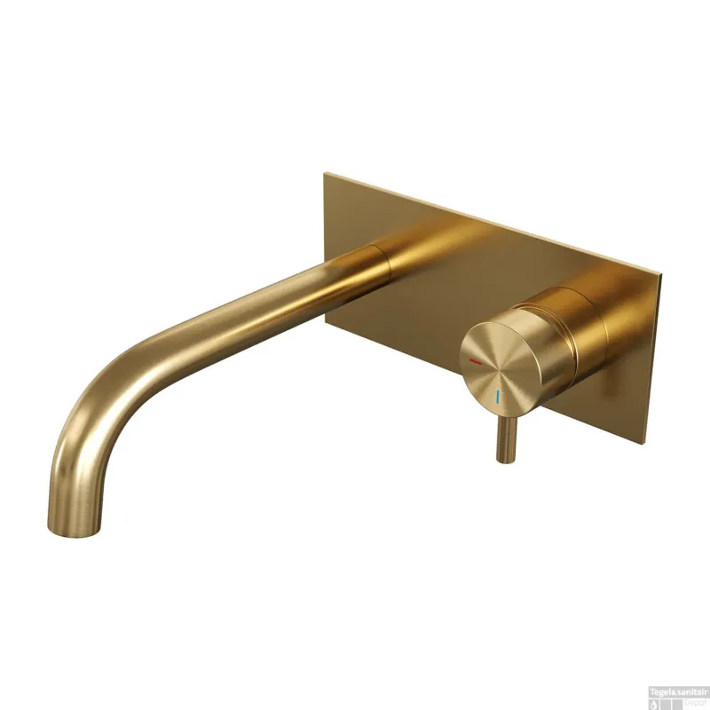 Beperkt Aanbod Inbouw Wastafelmengkraan Brauer Gold Edition Coldstart Gebogen Uitloop Korte Ronde Hendel Rechts Geborsteld Goud PVD Met Afdekplaat