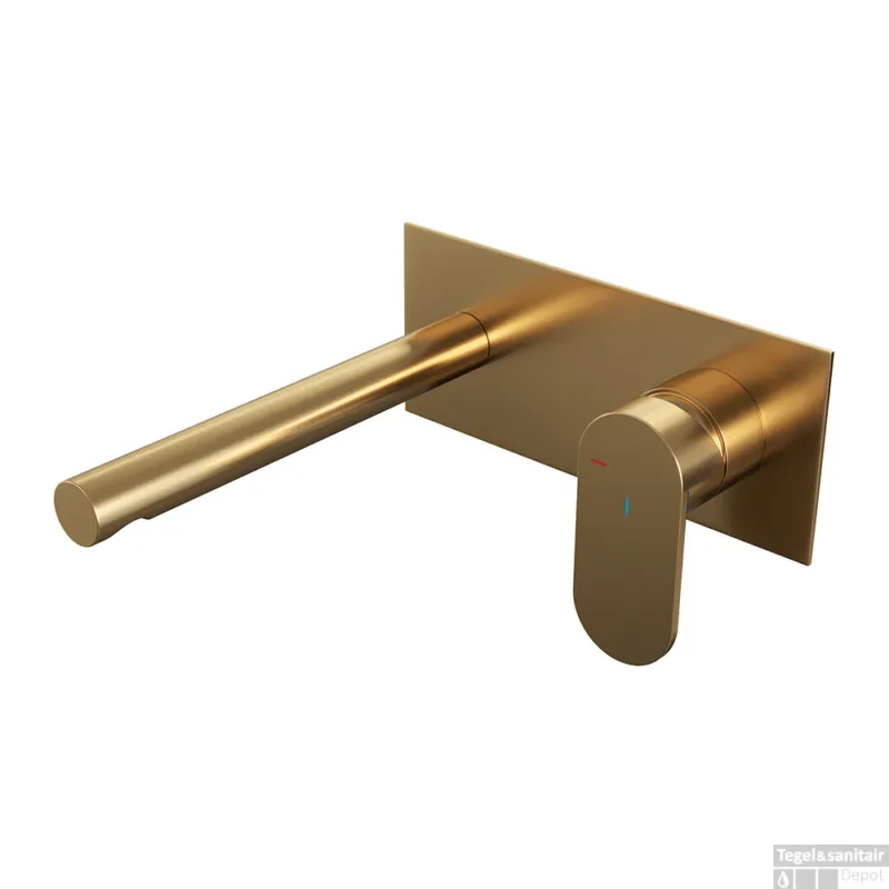 Express Levering Inbouw Wastafelmengkraan Brauer Gold Edition Coldstart Rechte Uitloop Platte Hendel Rechts Geborsteld Goud PVD Met Afdekplaat