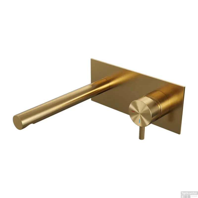 Uitverkoop Inbouw Wastafelmengkraan Brauer Gold Edition Coldstart Rechte Uitloop Korte Ronde Hendel Rechts Geborsteld Goud PVD Met Afdekplaat