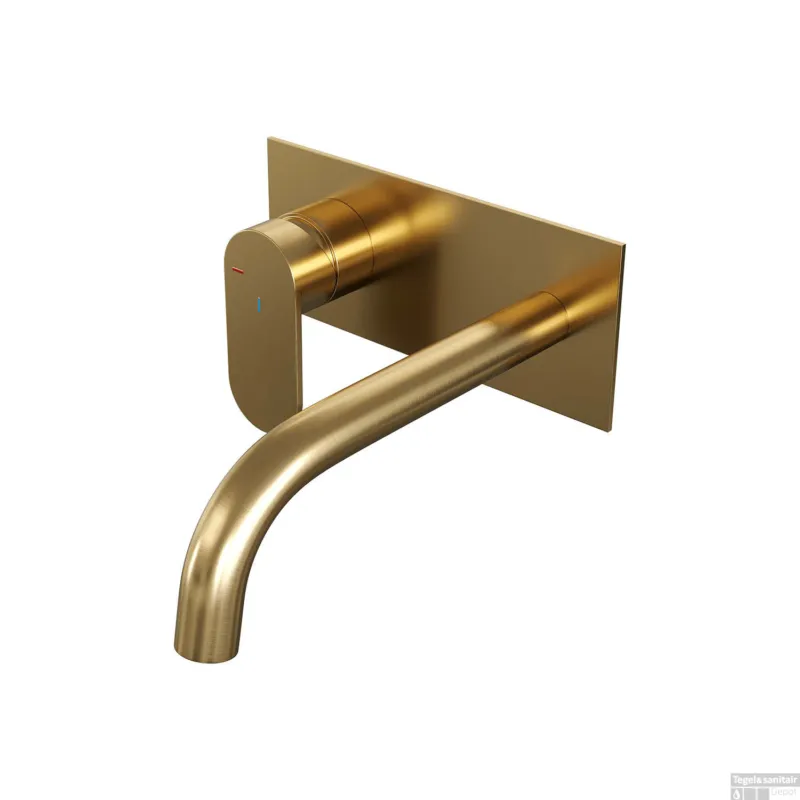 Veilige Betaling Inbouw Wastafelmengkraan Brauer Gold Edition Coldstart Platte Hendel Gebogen Uitloop Geborsteld Goud PVD Met Afdekplaat