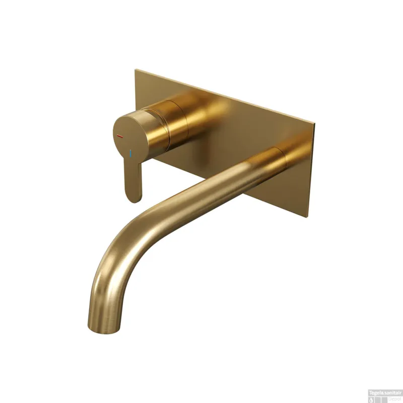 Inbouw Wastafelmengkraan Brauer Gold Edition Coldstart Korte Platte Hendel Gebogen Uitloop Geborsteld Goud PVD Met Afdekplaat Aanbieding