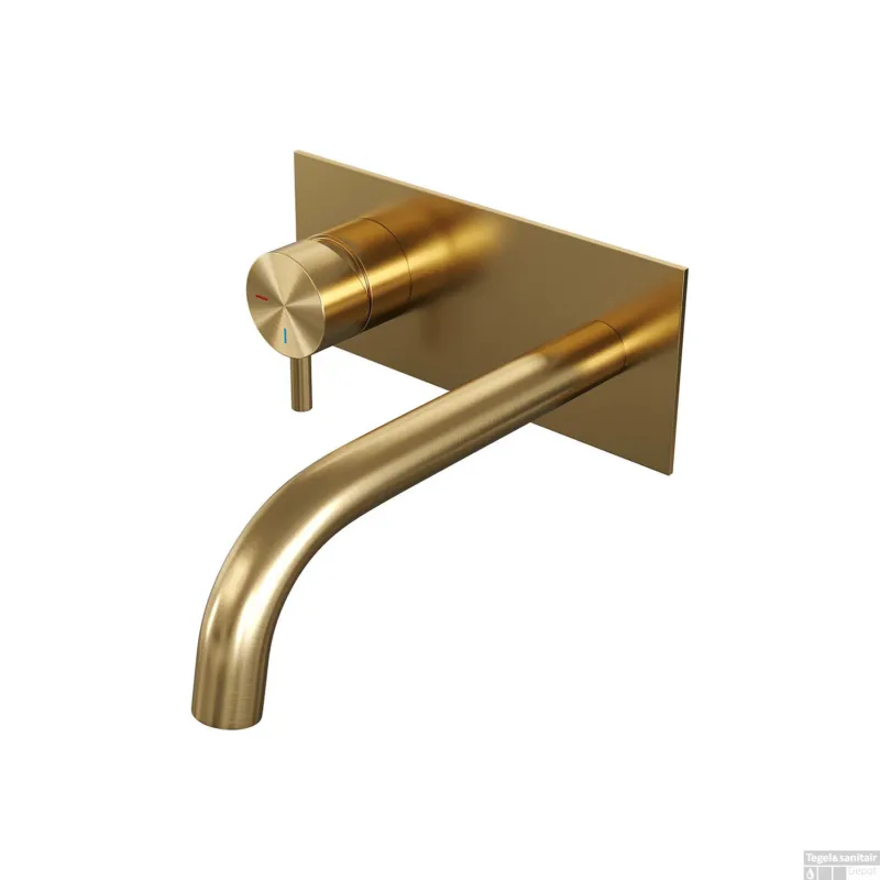Koop Vandaag Inbouw Wastafelmengkraan Brauer Gold Edition Coldstart Gebogen Uitloop Korte Ronde Hendel Links Geborsteld Goud PVD Met Afdekplaat
