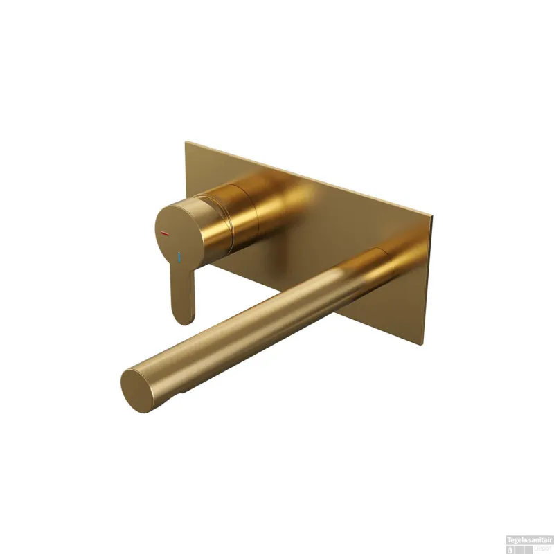 Gecertificeerd Inbouw Wastafelmengkraan Brauer Gold Edition Coldstart Rechte Uitloop Korte Platte Hendel Links Geborsteld Goud PVD Met Afdekplaat