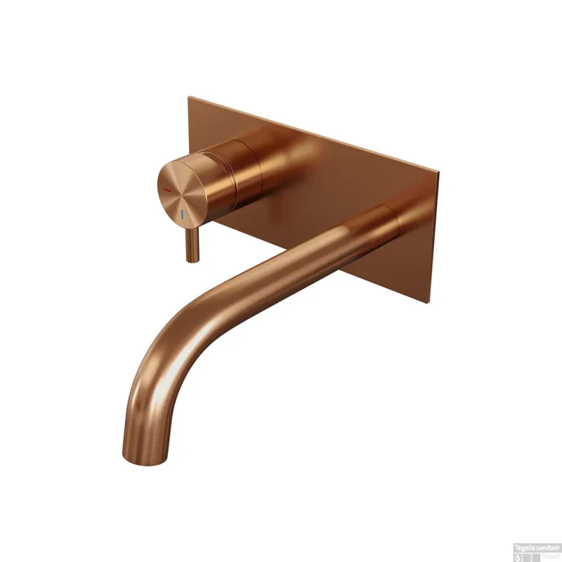 Laatste Kans Inbouw Wastafelmengkraan Brauer Copper Edition Coldstart Gebogen Uitloop Korte Ronde Hendel Links Geborsteld Koper PVD Met Afdekplaat