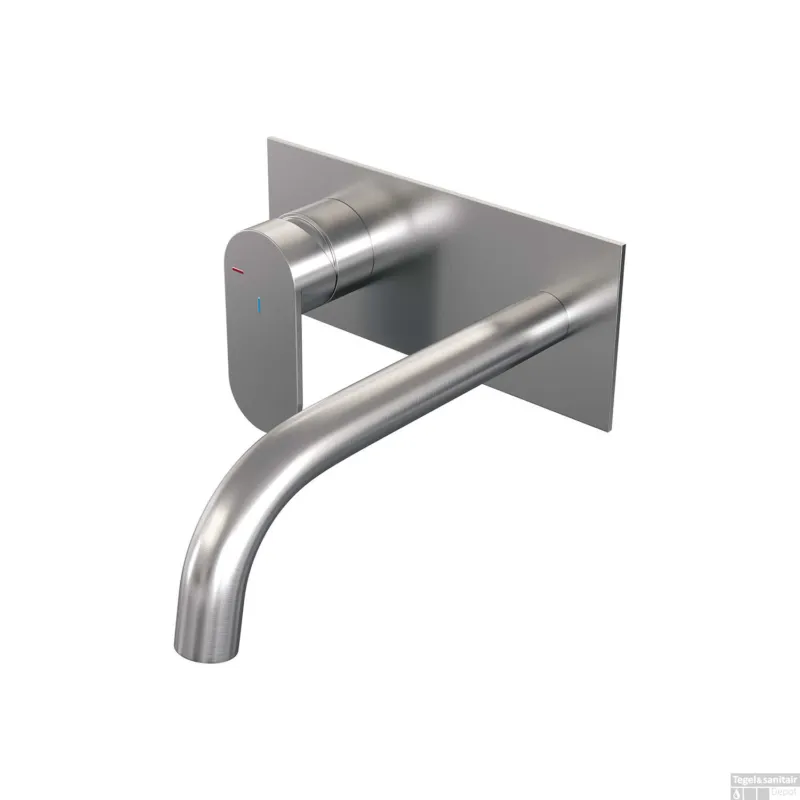 Inbouw Wastafelmengkraan Brauer Brushed Edition Coldstart Gebogen Uitloop Platte Hendel Links Geborsteld RVS PVD Met Afdekplaat Laatste Versie