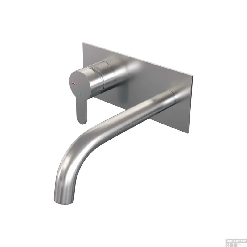 Inbouw Wastafelmengkraan Brauer Brushed Edition Coldstart Gebogen Uitloop Korte Platte Hendel Links Geborsteld RVS PVD Met Afdekplaat Premium