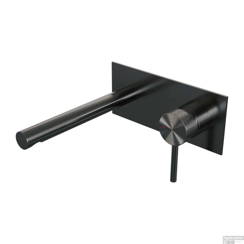 Speciale Aanbieding Inbouw Wastafelmengkraan Brauer Gunmetal Carving Coldstart Rechte Uitloop Ronde Hendel Rechts Geborsteld Gunmetal Met Afdekplaat