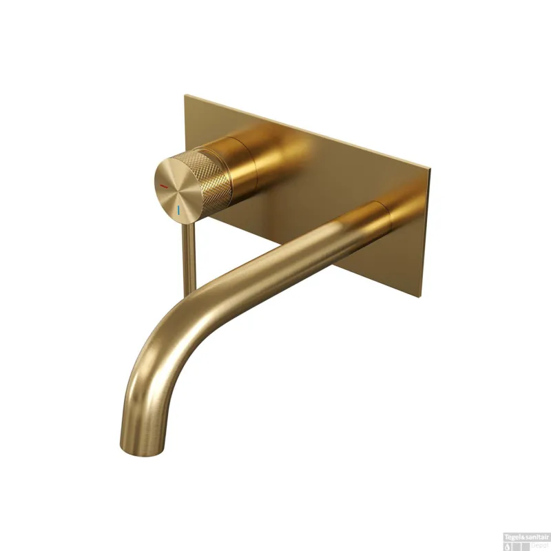 Inbouw Wastafelmengkraan Brauer Gold Carving Coldstart Gebogen Uitloop Ronde Hendel Links Geborsteld Goud PVD Met Afdekplaat Actieprijs