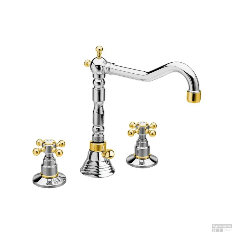 Koop Online Wastafelmengkraan Retro 3-gats Sapho Antea 2-knop Uitloop Gebogen 17.5 cm Chroom / Goud (incl. waste)