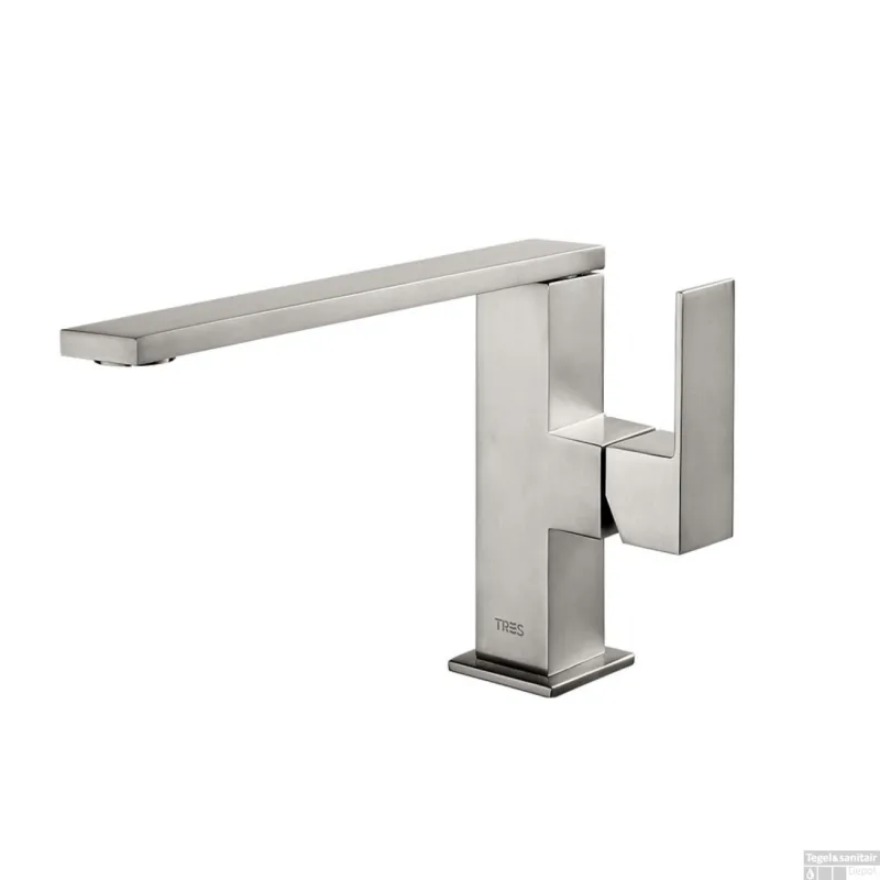Hoge Kwaliteit Wastafelmengkraan Tres Cuadro Exclusive 1-Hendel Uitloop Recht 14 cm Vierkant RVS