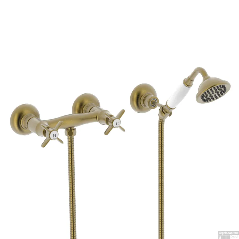 Speciale Aanbieding Douchemengkraan Tres Clasic 2 Kruisgreep Incl Handdouche en Doucheslang Verouderd Messing Mat