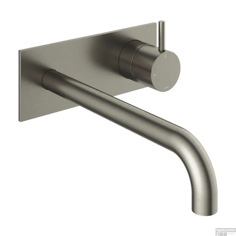 Inbouw Wastafelkraan Met Achterplaat Hotbath Cobber 25cm Gebogen Uitloop 1-Hendel Geborsteld Nikkel Dagaanbieding