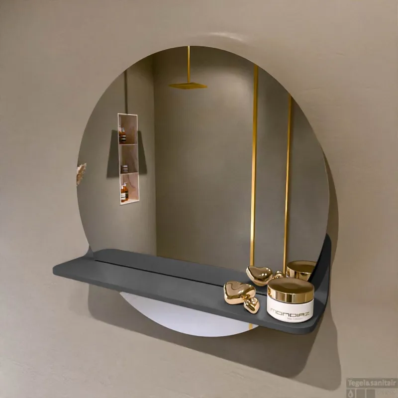 MONDIAZ SPOT spiegel rond 50cm met Spiegelplanchet kleur Dark Grey. Populair