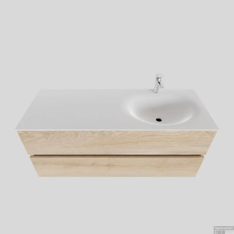 Badkamermeubel Solid Surface BWS Stockholm 120x46 cm Rechts Wood Washed Oak (met 1 kraangat) Superprijs