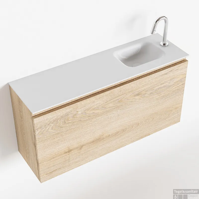 MONDIAZ OLAN 100cm toiletmeubel washed_oak. LEX wastafel talc rechts 1 kraangat Hete Deal