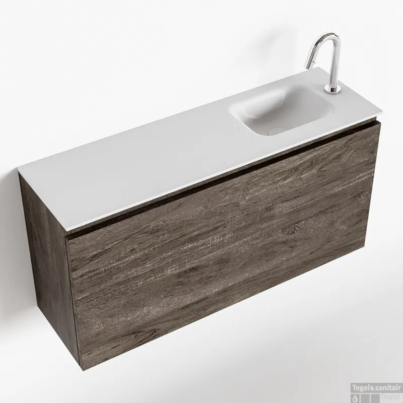 MONDIAZ OLAN 100cm toiletmeubel dark brown. LEX wastafel talc rechts 1 kraangat Rechtstreeks Van De Fabrikant
