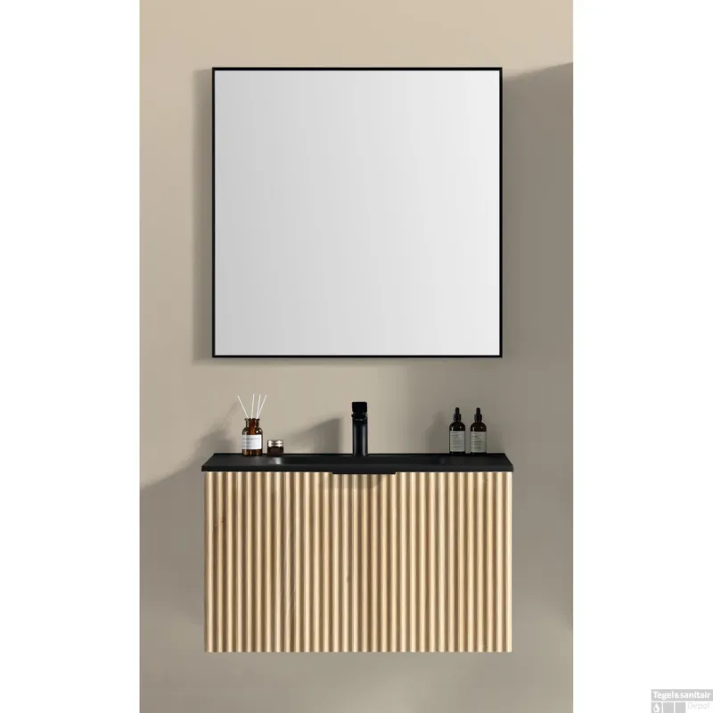 Badkamermeubelset BWS Bella 100 Cm Naturel Eik Mat Zwart Exclusieve Aanbieding