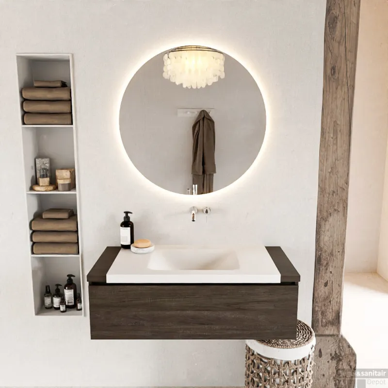 Voordeelprijs MONDIAZ BUKLA 100cm badmeubel onderkast kleur Dark Brown met 1 lade. Wastafel CLOUD midden 0 kraangaten kleur Talc.