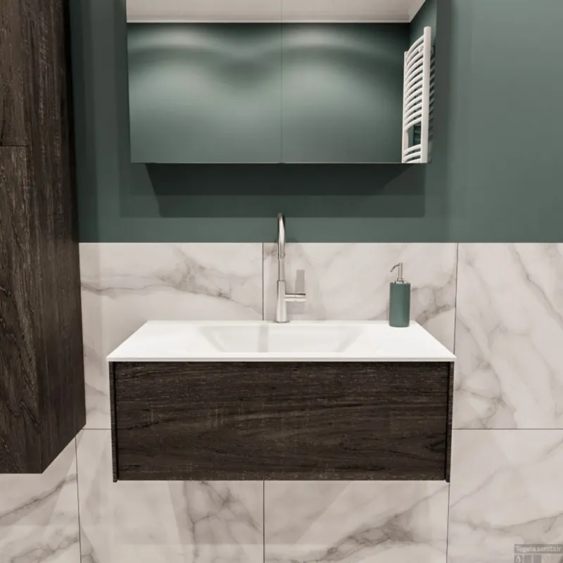 Badkamermeubel BWS Madrid Dark Brown 80x45x30 cm Mat Witte Solid Surface Wastafel (1 kraangat) Meest Verkocht