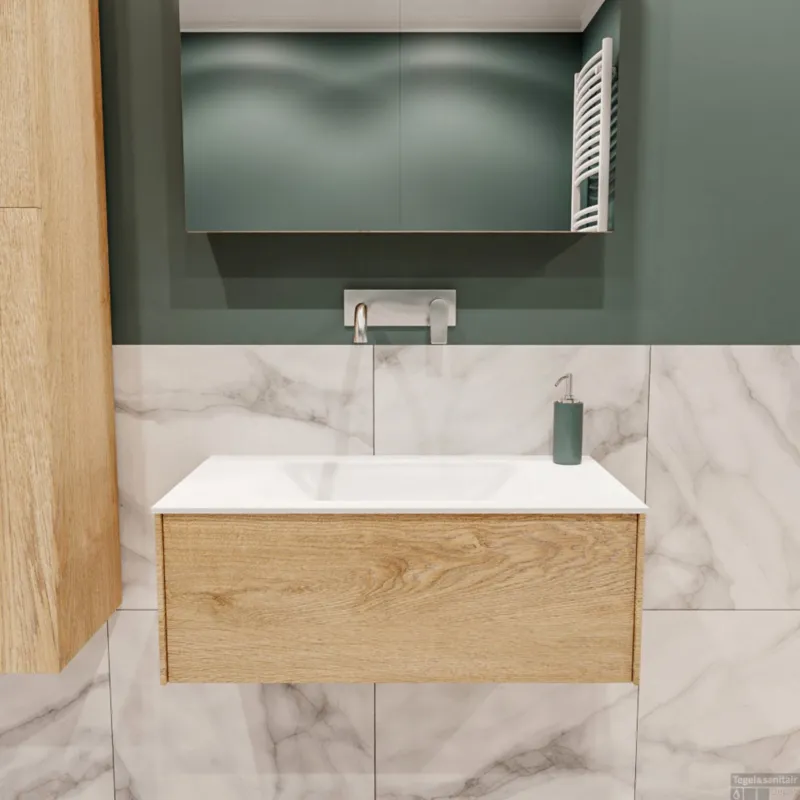 Badkamermeubel BWS Madrid Washed Oak 80x45x30 cm Mat Witte Solid Surface Wastafel (0 kraangaten) Actieprijs