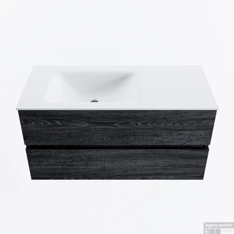MONDIAZ VICA 100cm badmeubel onderkast Antracite 2 lades. Wastafel CLOUD links zonder kraangat, kleur Talc. Speciale Aanbieding