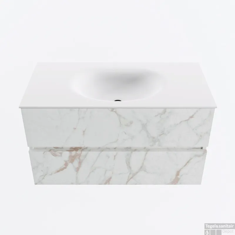 MONDIAZ VICA 90cm badmeubel onderkast Carrara 2 lades. Wastafel MOON midden zonder kraangat, kleur Talc. Tijdelijk Beschikbaar