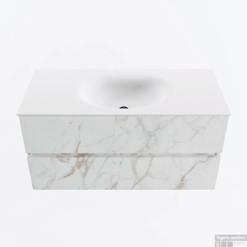 Superprijs MONDIAZ VICA 100cm badmeubel onderkast Carrara 2 lades. Wastafel MOON midden 1 kraangat, kleur Talc.
