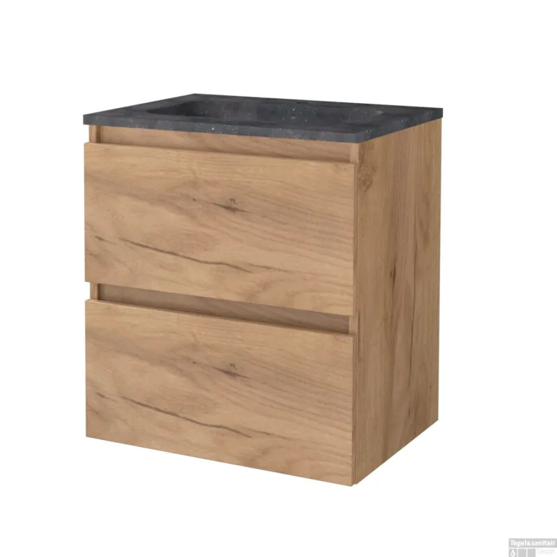 Superprijs Badmeubelset BWS Salt 60x46cm Greeploos 2 Lades Met Wastafel Hardsteen 1 Kraangat Whisky Oak