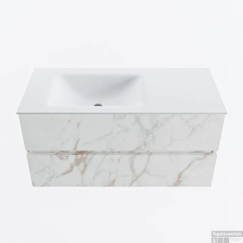 Tijdelijk Beschikbaar MONDIAZ VICA 100cm badmeubel onderkast Carrara 2 lades. Wastafel CLOUD links 1 kraangat, kleur Talc.