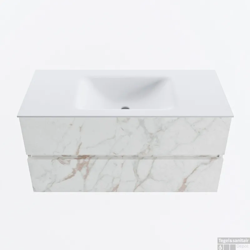 Weekendaanbieding MONDIAZ VICA 100cm badmeubel onderkast Carrara 2 lades. Wastafel CLOUD midden zonder kraangat, kleur Talc.