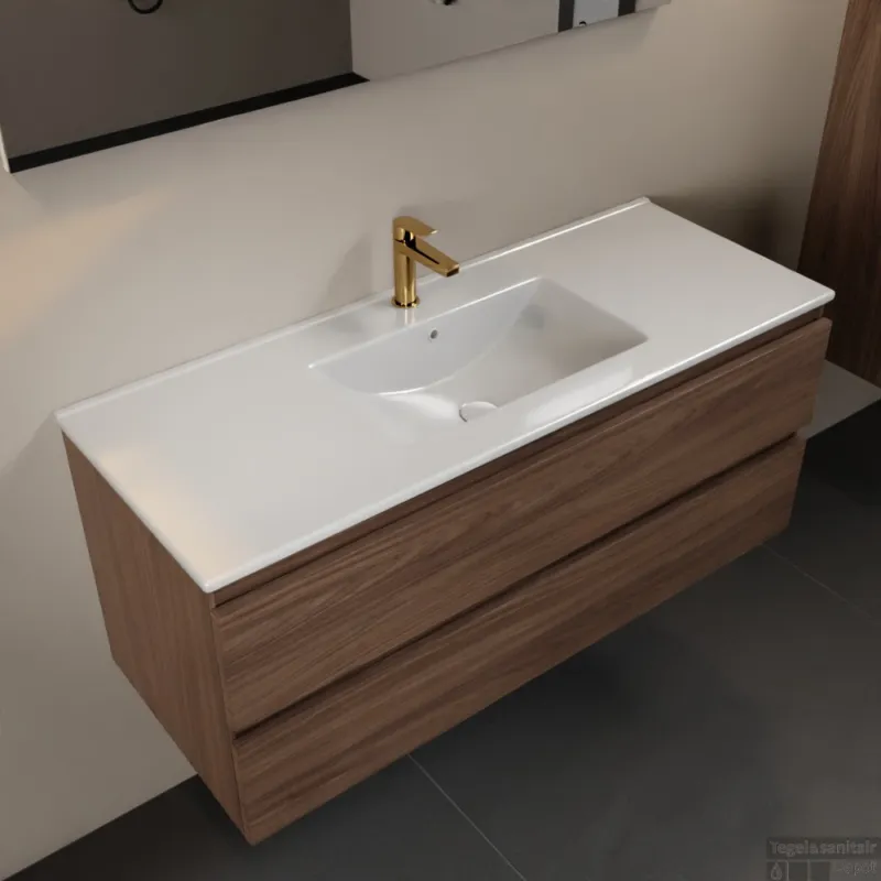 MONDIAZ AIVY 120cm badmeubel Mocha, wastafel glanzend wit keramiek midden 1 kraangat met spiegel (M60103 - AI-M120MOMI - AI-S120X70) Speciale Aanbieding