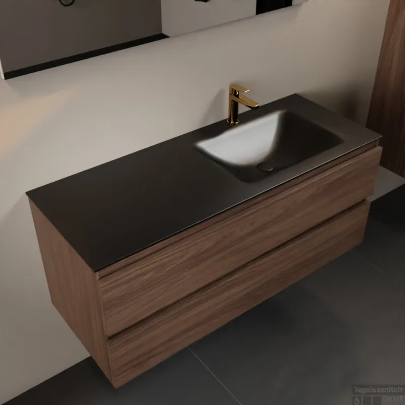 Direct Beschikbaar MONDIAZ AIVY 120cm badmeubel Mocha, wastafel Urban solid surface rechts 1 kraangat (AI-351641URBAN-SI - AI-M120MORE)