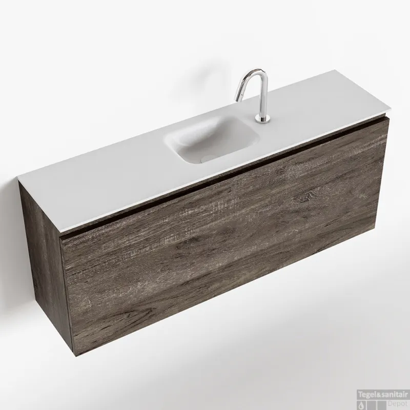 Voordeelprijs MONDIAZ OLAN 120cm toiletmeubel dark brown. LEX wastafel talc midden 1 kraangat