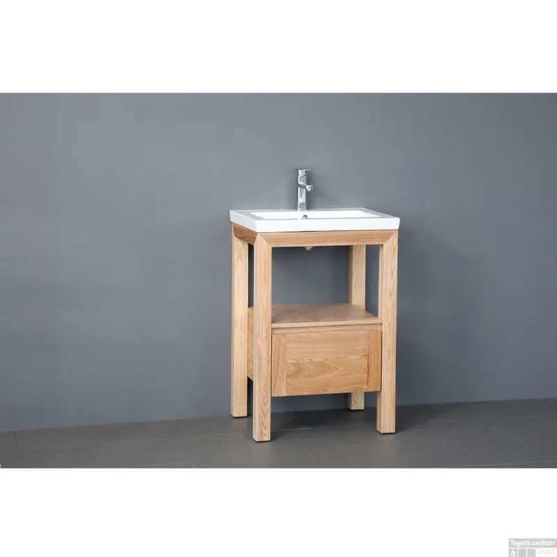 Badkamermeubelset Sanilux Robusta Keramiek 60x47x85 cm 1 Kraangat Massief Eikenhout Nieuw